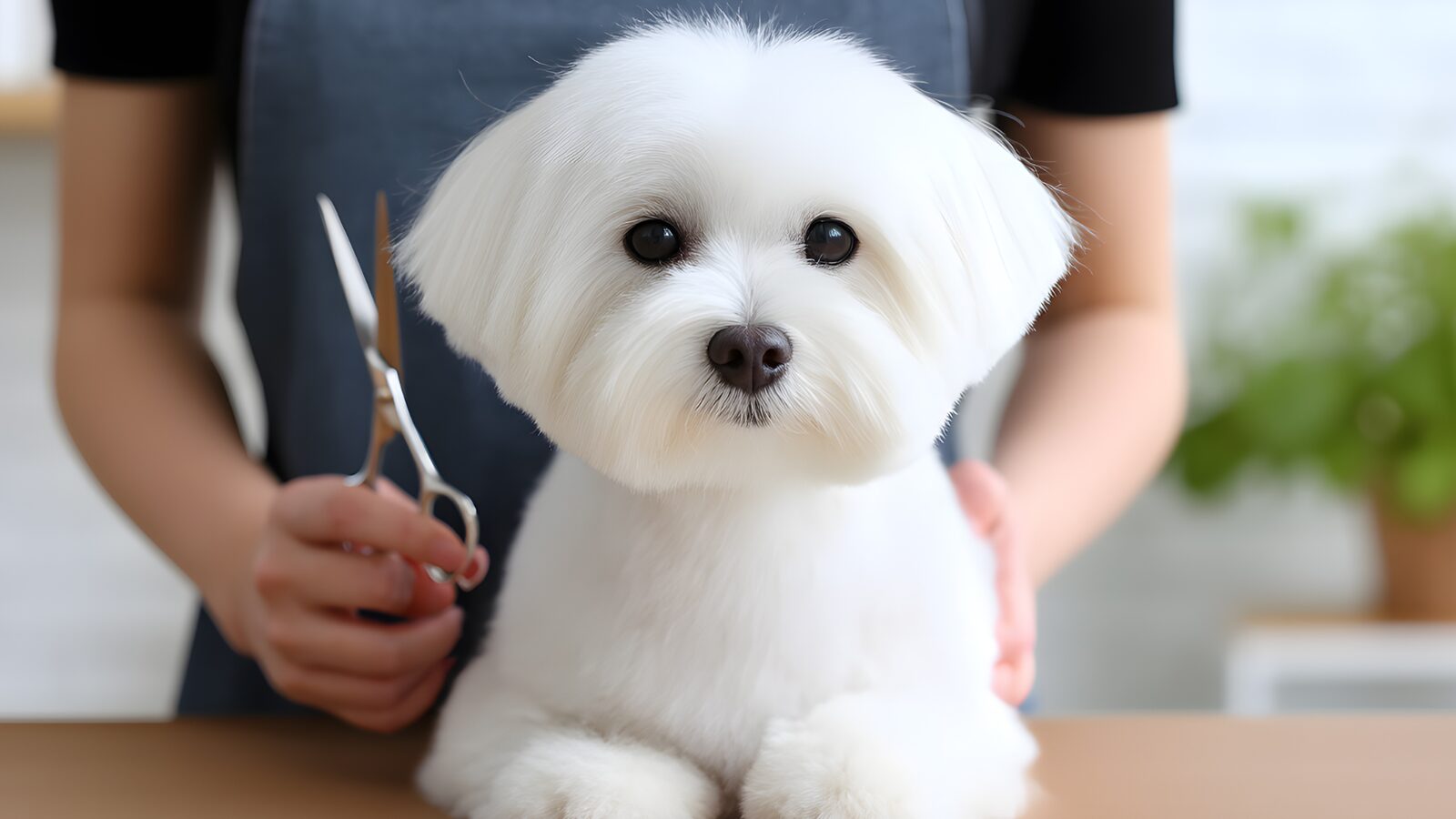 A small white dog being hand-scissored on the grooming table